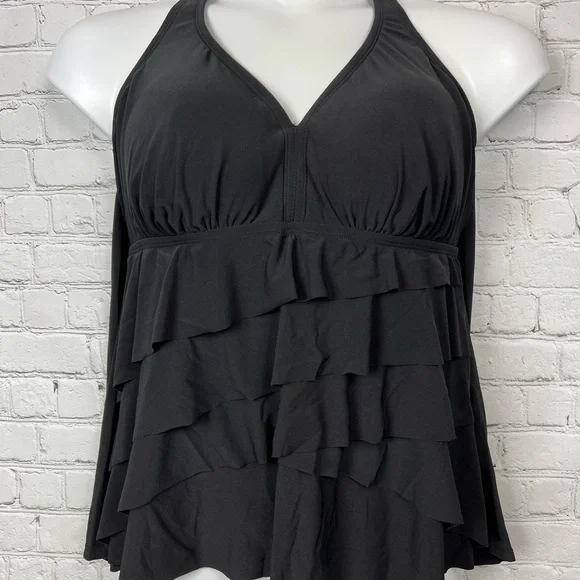 16W 18W Black Tiered Halter Tankini Swim Top Plus Size - Picture 2 of 4